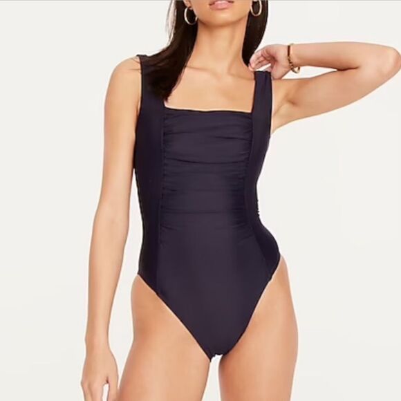 J. Crew Ruched Square Neck One Piece Swimsuit Black NEW - Picture 1 of 10